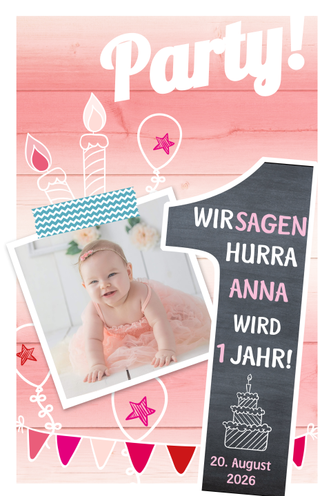 Pinke Einladungskarte zum 1. Geburtstag