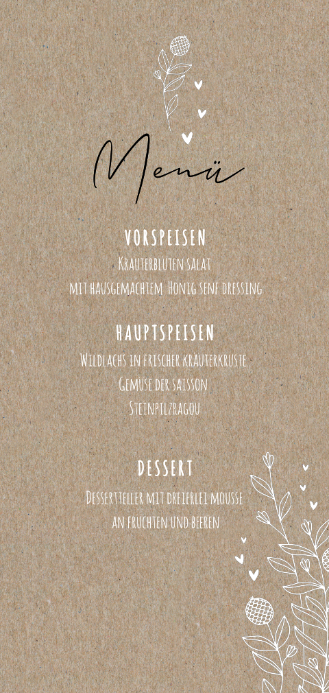 Menükarte mit Blumen auf Kraftpapier