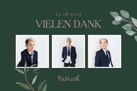 Dankeskarte Konfirmation mit 3 Fotos und Zweigen