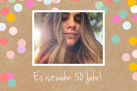 Einladungskarte zum 50. mit Foto im Konfettirahmen