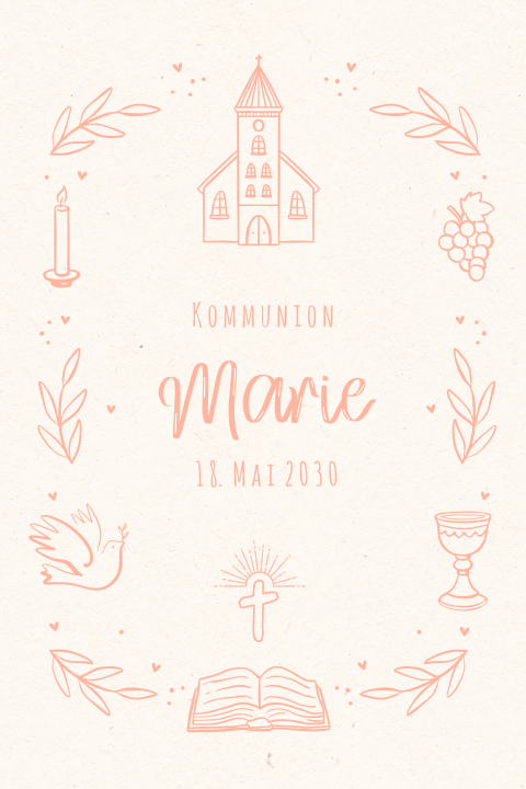 Einladung zur Kommunion mit Linienzeichnungen in Apricot