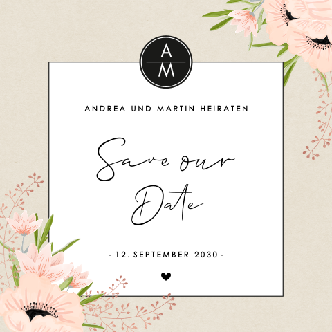 Doppelseitige Save the Date Karte mit rosa Blumen