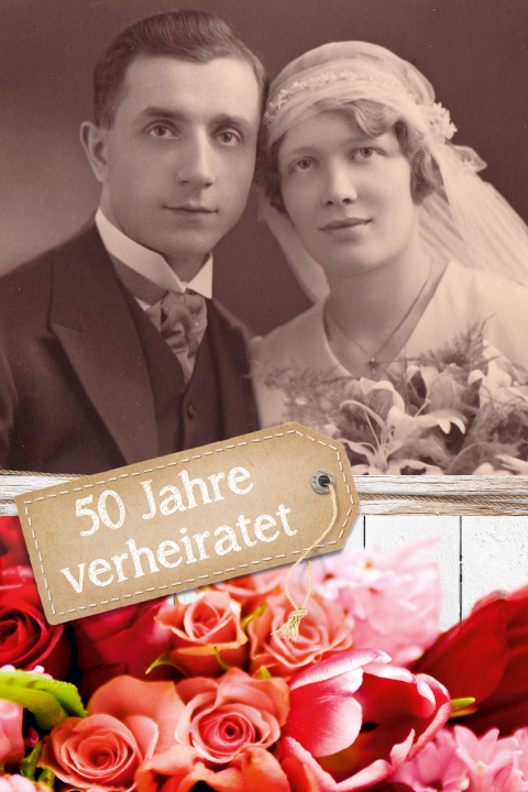 Jubiläumskarte 50 Jahre mit Rosen und Label