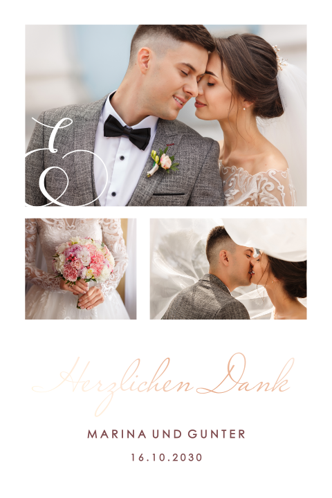 Elegante Dankeskarte Hochzeit mit zierlichem Text und Fotos