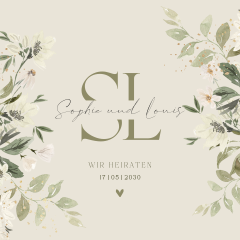 Elegante Hochzeitskarte in Grün mit Initialen und Blumen