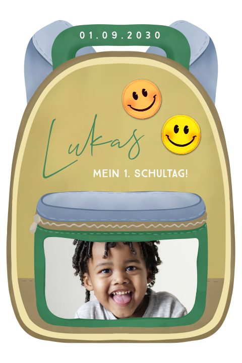 Einladung zur Einschulung als gelber Rucksack mit Smiley und Foto