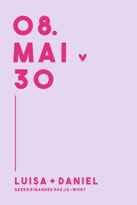 Farbenfrohe Hochzeitseinladung in Lila und Rosa mit moderner Typografie
