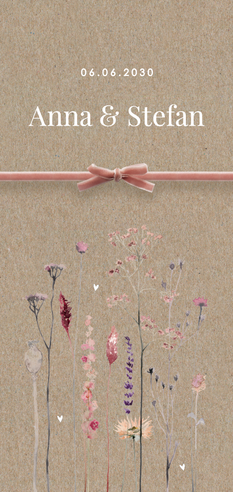 Kraftpapier-Hochzeitskarte mit Trockenblumen und optionalem Samtband