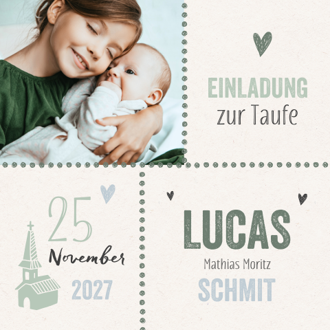 Einladung zur Taufe mit Kirchenabbildung und Foto