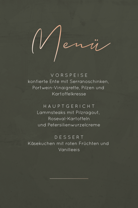 Stilvolle Menükarte mit runden Ecken und Roségoldfolie