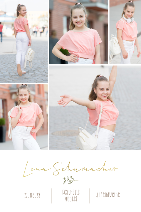 Einladung zur Jugendweihe mit Fotokollage, Goldfolie und Zweigen