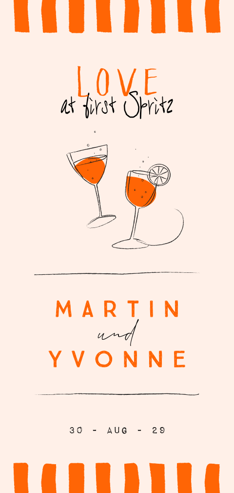Einladungskarte zur Hochzeit im Aperol Spritz Look mit Streifen