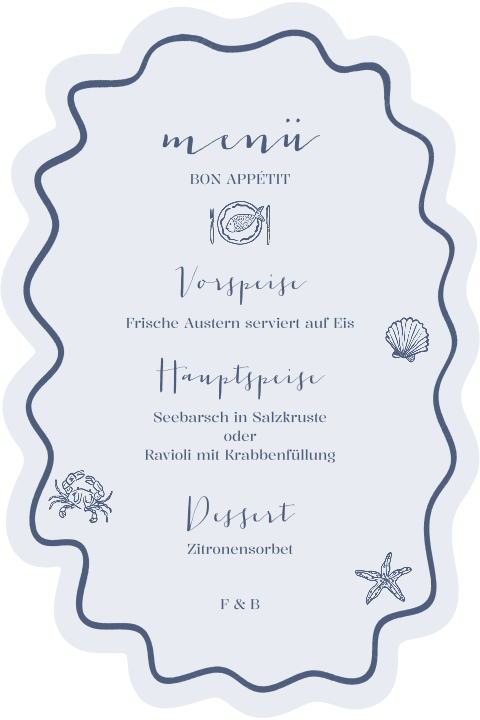 Menükarte zur Hochzeit mit Wellenrand und handgemalten Meerestieren