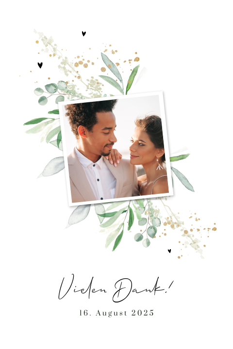 Dankeskarte mit grünen Zweigen und Foto