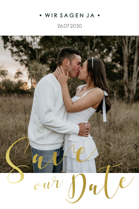 Florale Save the Date Karte mit Goldfolie und Foto