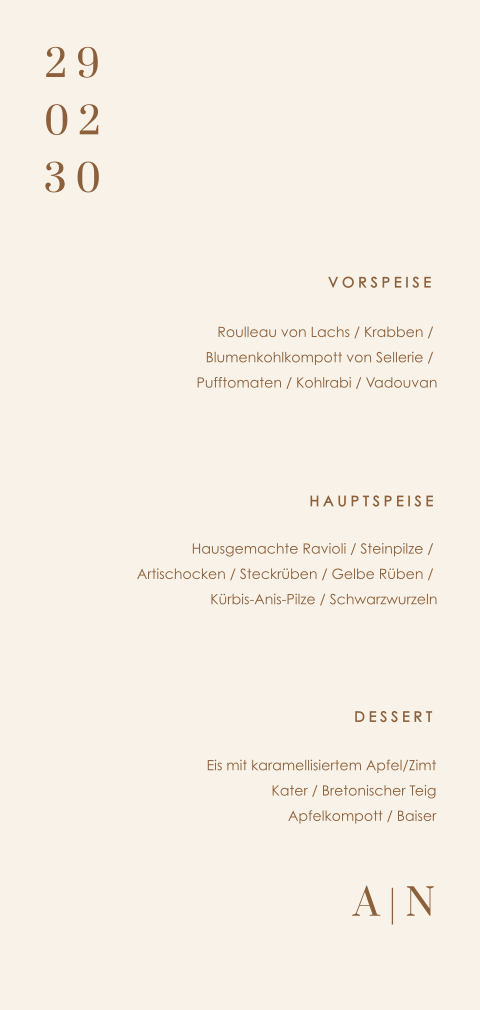 Minimalistische Menükarte in Kupferfarben mit Initialen und Datum