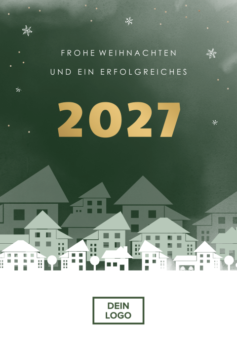Geschäftliche Weihnachtskarte mit Häuschen, Jahreszahl und Logo