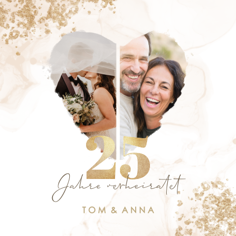 Einladung Silberhochzeit mit Fotos damals und heute und Wasserfarbe