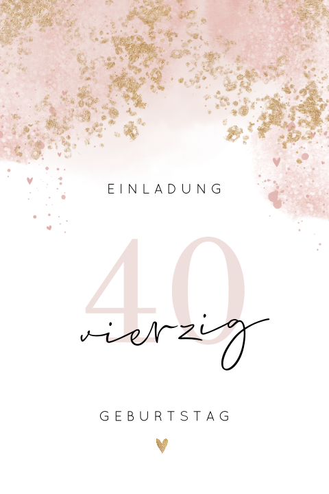Moderne Geburtstagseinladung 40 Jahre in Rosa und Blattgold-Look