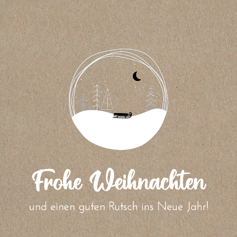 Original Kraft-Weihnachtskarte mit Abbildung von Schlitten und Bäumen