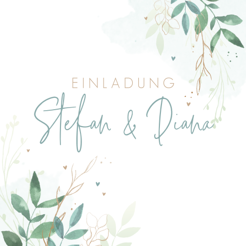 Hochzeitseinladung mit Aquarellblättern und Herzen