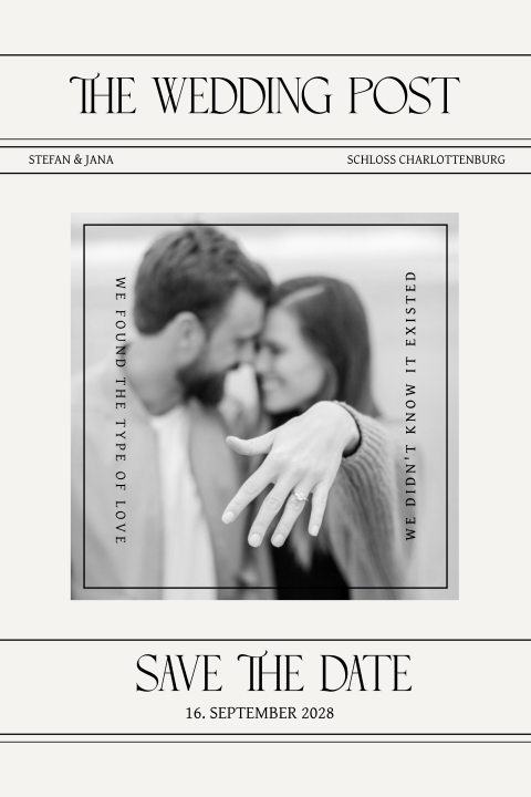 Save the Date Karte im Zeitungsstil mit großem Foto
