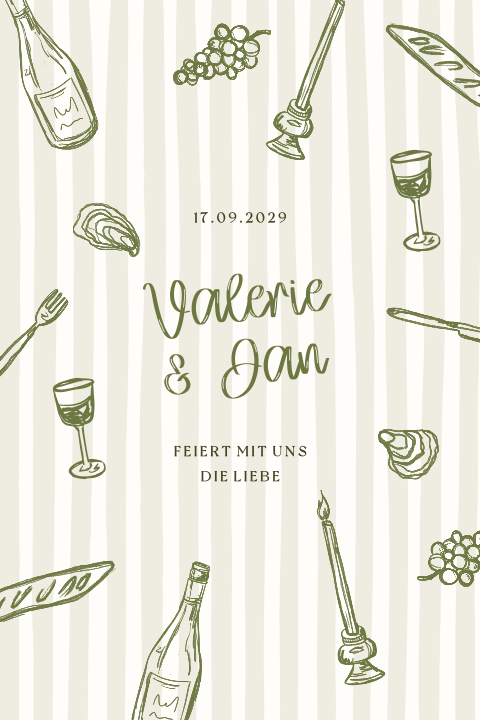 Hochzeitseinladung mit Streifen, handgezeichneten Gläsern und Essen