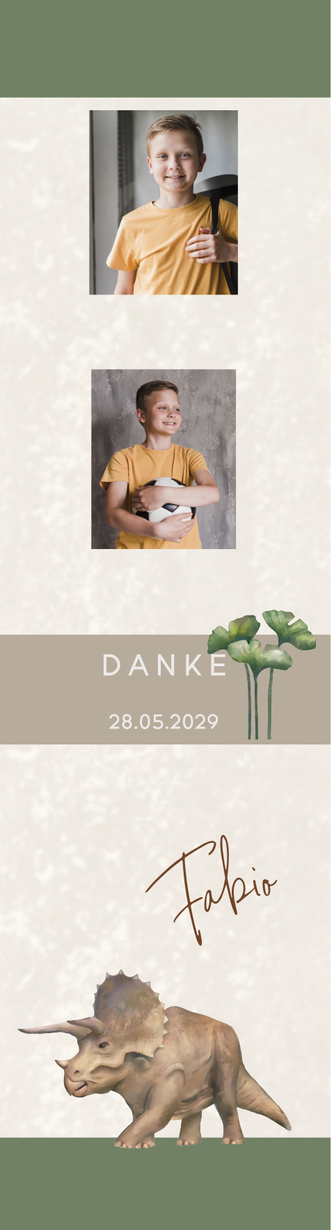 Lesezeichen als Dankeskarte Kommunion mit Dinos und Foto 3 Stück