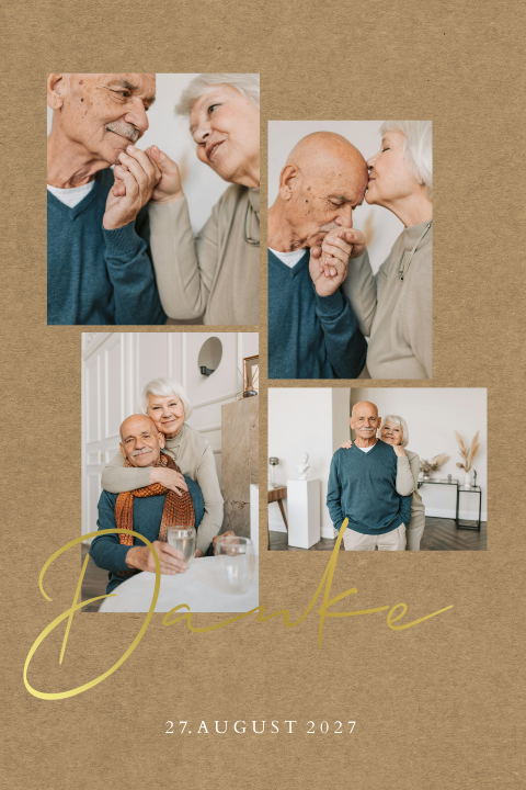 Dankeskarte Goldene Hochzeit im Kraft-Look mit Goldfolie und Fotos