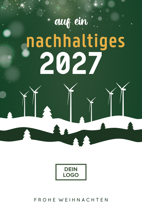 Geschäftliche Weihnachtskarte mit Weihnachtsbäumen und Windturbinen