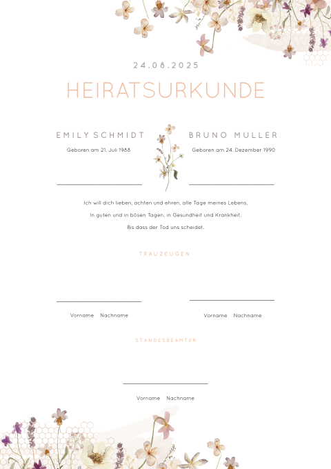 Florale Heiratsurkunde mit Feldblumen und Honigwaben