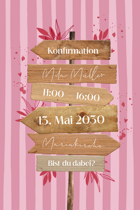 Rosa gestreifte Einladung zur Konfirmation mit Wegweiser