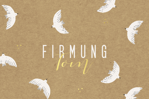 Einladungskarte zur Firmung im Kraft-Look mit Goldfolie und Vögeln