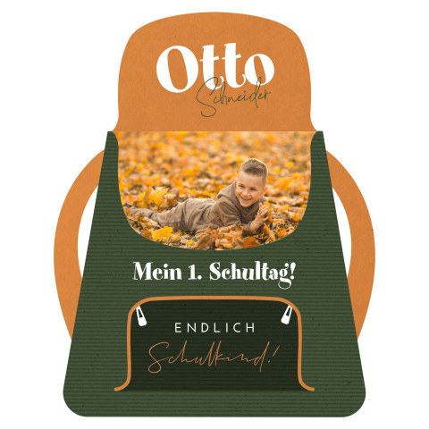 Originelle Einschulungskarte in der Form eines Ranzens in Grün