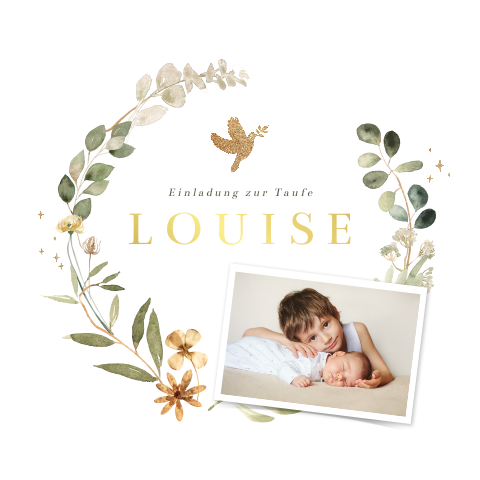 Elegante Einladung zur Taufe mit Kranz, Fotos und Goldfolie