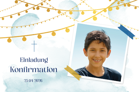 Einladungskarte zur Konfirmation mit Foto, Lichterketten und Kreuz