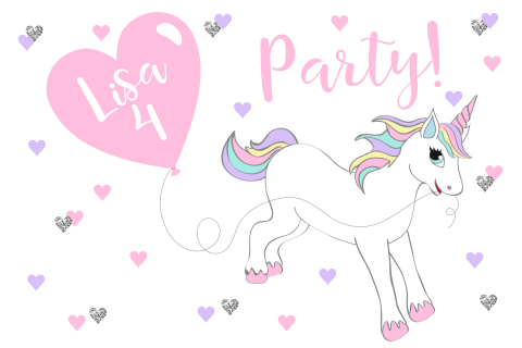 Einladung zum Kindergeburtstag mit Einhorn und Herzballon