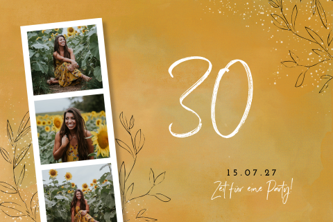 Ockergelbe Einladung mit Polaroidfotos und Blättern