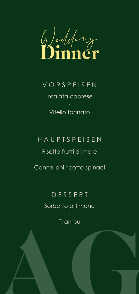 Moderne Menükarte in Grün mit Monogram und goldener Schrift