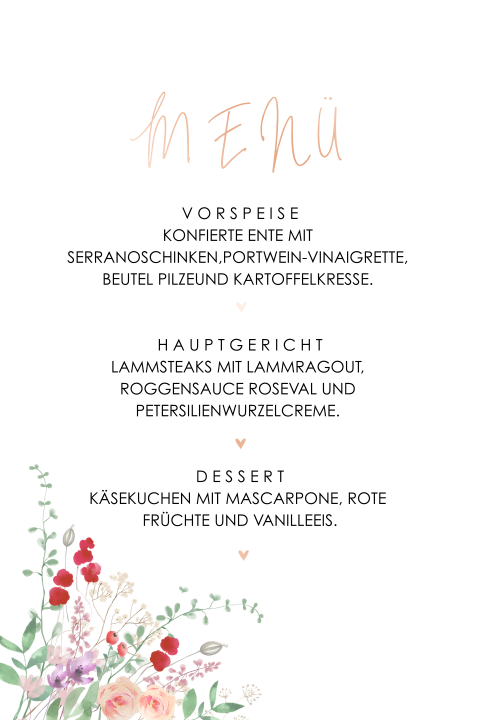 Menükarte mit sommerlichen Blumen und Roségolfolie