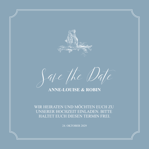 Klassische Save the Date Karte mit weißem Toile-de-Jouy und Rahmen