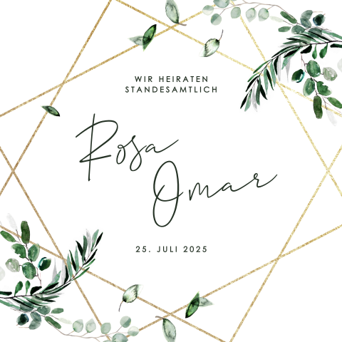 Quadratische Einladung Standesamt mit schicken Eukalyptuszweigen