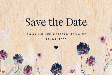 Elegante Save the date Karte auf Holz mit Aquarell Blumen