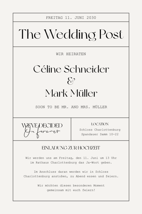 Einladung zur Hochzeit im Zeitungsstil mit schöner Typografie