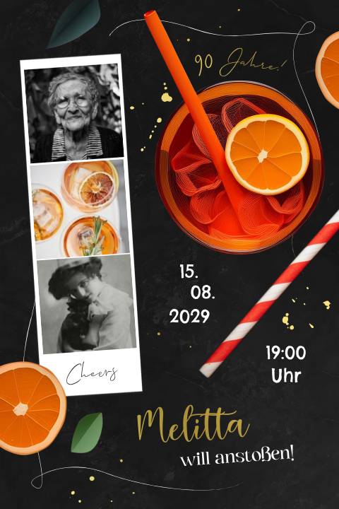 Geburtstageinladung zum 90sten mit Cocktail, Folie und Fotostreifen