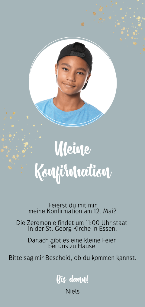 Konfirmationseinladung mit Foto in Blau mit Goldelementen