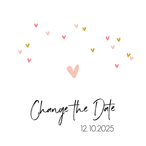 Süße Change the Date Karte in Weiß mit kleinen farbigen Herzen