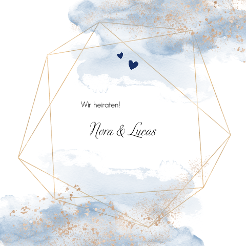Hochzeitskarte mit geometrischem Muster und blaue Aquarellfarbe