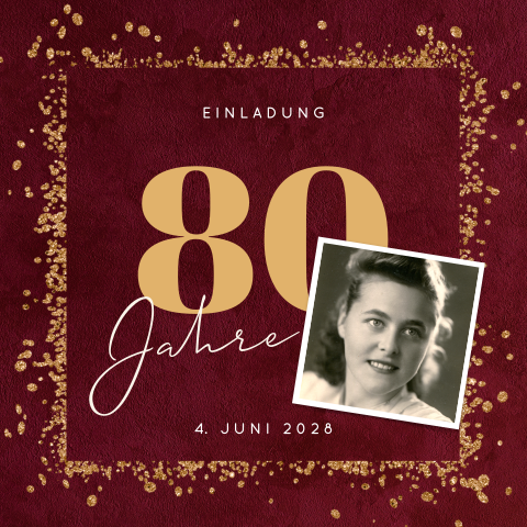 Huebsche Geburtstageinladung zum 80sten, Dunkelrot mit Gold