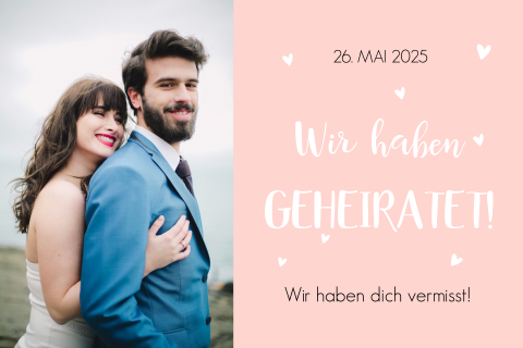 Schöne Wir-haben-geheiratet-Karte in Rosa mit Foto und Herzchen